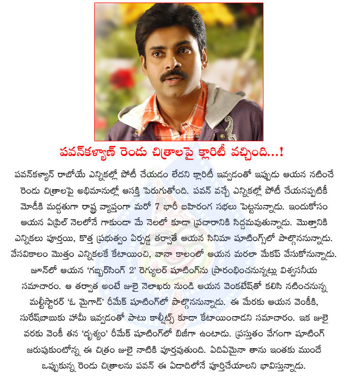 pawan kalyan,movies,oh my god remake,gabbar singh 2 movie,pawan kalyan comes to movies,politics,jana sena,50 days shooting only,power star fans  pawan kalyan, movies, oh my god remake, gabbar singh 2 movie, pawan kalyan comes to movies, politics, jana sena, 50 days shooting only, power star fans